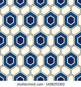 Contemporary honeycomb geometric pattern. Repeated hexagon ornament. Modern mosaic tiles background. Seamless surface abstract design. Geo wallpaper. Digital paper, textile print. Vector illustration