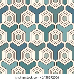 Contemporary honeycomb geometric pattern. Repeated hexagon ornament. Modern mosaic tiles background. Seamless surface abstract design. Geo wallpaper. Digital paper, textile print. Vector illustration