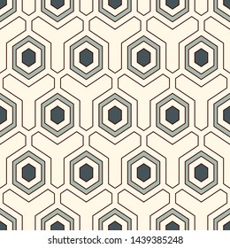 Contemporary honeycomb geometric pattern. Repeated hexagon ornament. Modern mosaic tiles background. Seamless surface abstract design. Geo wallpaper. Digital paper, textile print. Vector illustration