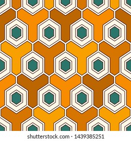 Contemporary honeycomb geometric pattern. Repeated hexagon ornament. Modern mosaic tiles background. Seamless surface abstract design. Geo wallpaper. Digital paper, textile print. Vector illustration