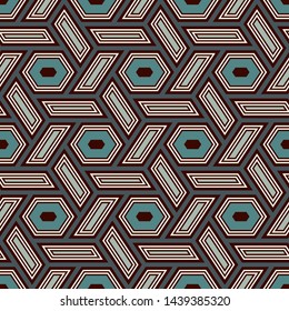 Contemporary honeycomb geometric pattern. Repeated hexagon ornament. Modern mosaic tiles background. Seamless surface abstract design. Geo wallpaper. Digital paper, textile print. Vector illustration