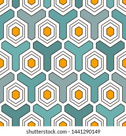 Contemporary honeycomb geometric pattern. Repeated hexagon ornament. Modern mosaic tiles background. Seamless surface abstract design. Geo wallpaper. Digital paper, textile print. Vector illustration