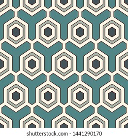 Contemporary honeycomb geometric pattern. Repeated hexagon ornament. Modern mosaic tiles background. Seamless surface abstract design. Geo wallpaper. Digital paper, textile print. Vector illustration