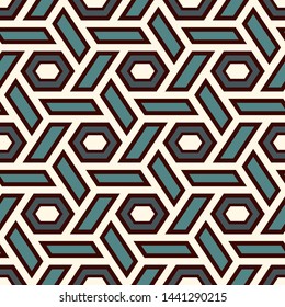 Contemporary honeycomb geometric pattern. Repeated hexagon ornament. Modern mosaic tiles background. Seamless surface abstract design. Geo wallpaper. Digital paper, textile print. Vector illustration