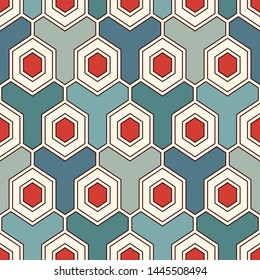 Contemporary honeycomb geometric pattern. Repeated hexagon ornament. Modern mosaic tiles background. Seamless surface abstract design. Geo wallpaper. Digital paper, textile print. Vector illustration