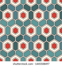 Contemporary honeycomb geometric pattern. Repeated hexagon ornament. Modern mosaic tiles background. Seamless surface abstract design. Geo wallpaper. Digital paper, textile print. Vector illustration