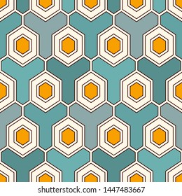 Contemporary honeycomb geometric pattern. Repeated hexagon ornament. Modern mosaic tiles background. Seamless surface abstract design. Geo wallpaper. Digital paper, textile print. Vector illustration