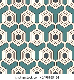 Contemporary honeycomb geometric pattern. Repeated hexagon ornament. Modern mosaic tiles background. Seamless surface abstract design. Geo wallpaper. Digital paper, textile print. Vector illustration