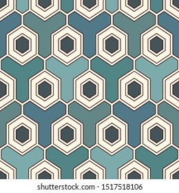 Contemporary honeycomb geometric pattern. Repeated hexagon ornament. Modern mosaic tiles background. Seamless surface abstract design. Geo wallpaper. Digital paper, textile print. Vector illustration