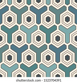 Contemporary honeycomb geometric pattern. Repeated hexagon ornament. Modern mosaic tiles background. Seamless surface abstract design. Geo wallpaper. Digital paper, textile print. Vector illustration