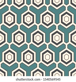 Contemporary honeycomb geometric pattern. Repeated hexagon ornament. Modern mosaic tiles background. Seamless surface abstract design. Geo wallpaper. Digital paper, textile print. Vector illustration