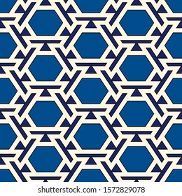 Contemporary honeycomb geometric pattern. Repeated hexagon ornament. Modern mosaic tiles background. Seamless surface abstract design. Geo wallpaper. Digital paper, textile print. Vector illustration