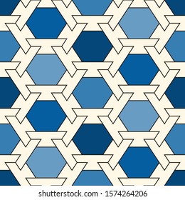 Contemporary honeycomb geometric pattern. Repeated hexagon ornament. Modern mosaic tiles background. Seamless surface abstract design. Geo wallpaper. Digital paper, textile print. Vector illustration