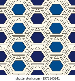 Contemporary honeycomb geometric pattern. Repeated hexagon ornament. Modern mosaic tiles background. Seamless surface abstract design. Geo wallpaper. Digital paper, textile print. Vector illustration