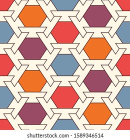 Contemporary honeycomb geometric pattern. Repeated hexagon ornament. Modern mosaic tiles background. Seamless surface abstract design. Geo wallpaper. Digital paper, textile print. Vector illustration