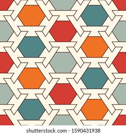 Contemporary honeycomb geometric pattern. Repeated hexagon ornament. Modern mosaic tiles background. Seamless surface abstract design. Geo wallpaper. Digital paper, textile print. Vector illustration