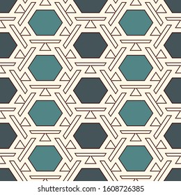 Contemporary honeycomb geometric pattern. Repeated hexagon ornament. Modern mosaic tiles background. Seamless surface abstract design. Geo wallpaper. Digital paper, textile print. Vector illustration