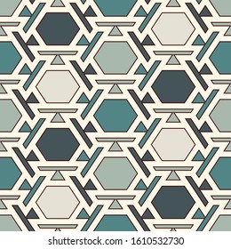 Contemporary honeycomb geometric pattern. Repeated hexagon ornament. Modern mosaic tiles background. Seamless surface abstract design. Geo wallpaper. Digital paper, textile print. Vector illustration