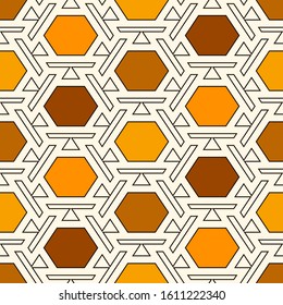 Contemporary honeycomb geometric pattern. Repeated hexagon ornament. Modern mosaic tiles background. Seamless surface abstract design. Geo wallpaper. Digital paper, textile print. Vector illustration