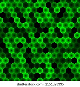 Contemporary honeycomb geometric pattern. Repeated hexagon ornament. Modern mosaic tiles background. Green seamless surface abstract design. Digital paper, textile print. Vector illustration