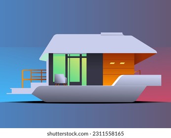 Contemporary house layout, house and yacht combination, modern yacht, futuristic yacht, modern gray house with big windows, isometric view, new building project.