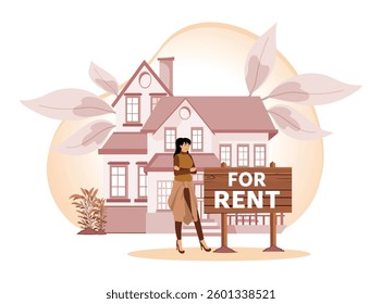 A Contemporary house with a For Rent sign and a woman standing confidently, symbolizing real estate opportunities or property rental solutions. Flat vector modern illustration 