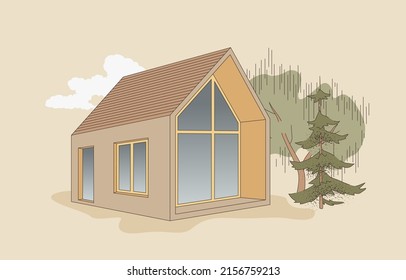 Contemporary house vector illustration. Eco house cabin design isolated on sandy tone backdrop. Architecture style image with cloud and trees. 