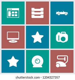 Contemporary icon. collection of 9 contemporary filled icons such as browser window, camera, star, table box, web camera. editable contemporary icons for web and mobile.