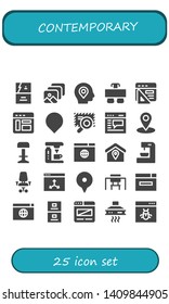 contemporary icon set. 25 filled contemporary icons.  Collection Of - Business card, Browser, Location, Desk, Stool, Coffee machine, Desk chair, Filing cabinet, Extractor hood