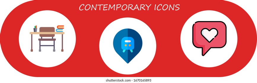 contemporary icon set. 3 flat contemporary icons. Included desk, location, love icons
