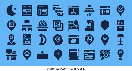 conjunto de iconos contemporáneos. 32 iconos contemporáneos rellenos. sobre el estilo de fondo azul Iconos modernos simples como: Luna, Ubicación, Escritorio, Navegador, Cafetera, Mesa de vestir, Ventana Navegador