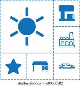 Contemporary icon. set of 6 contemporary filled and outline icons such as sun, office desk, star, coffee machine, factory