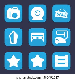 contemporary icon. Set of 9 filled contemporary icons such as star, vacuum cleaner, table box, web camera, sale, sword, office desk