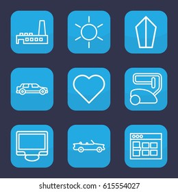 Contemporary icon. set of 9 outline contemporary icons such as sun, vacuum cleaner, display, factory, car, browser window, sword