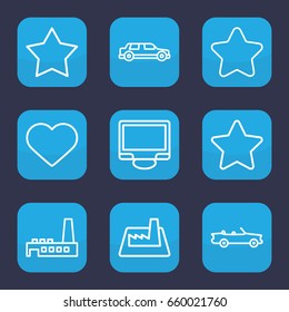 Contemporary icon. set of 9 outline contemporary icons such as star, display, heart, factory