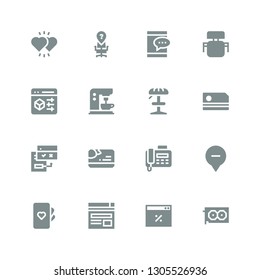 contemporary icon set. Collection of 16 filled contemporary icons included Graphic card, Browser, Cards, Location, Fax, Card, Browsers, Stool, Coffee machine, Desk chair, Ipad