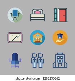 contemporary icon set. vector set about office chair, building, entrance and real estate icons set.