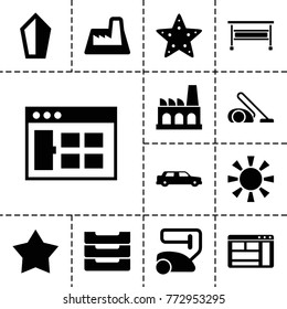 Contemporary icons. set of 13 editable filled contemporary icons such as vacuum cleaner, browser window, sword, star, table box, factory, car, sun
