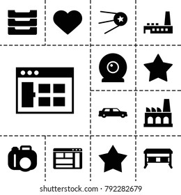 Contemporary icons. set of 13 editable filled contemporary icons such as browser window, office desk, camera, star, heart, table box, factory, web camera