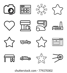 Contemporary icons. set of 16 editable outline contemporary icons such as star, vacuum cleaner, office desk, browser window, heart, cabriolet, factory, coffee machine, car