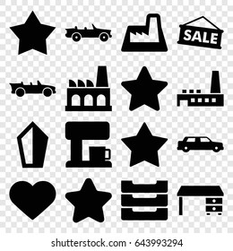 Contemporary icons set. set of 16 contemporary filled icons such as star, office desk, heart, table box, cabriolet, factory, coffee machine, car, sale