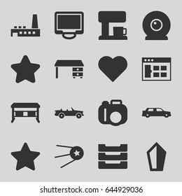 Contemporary icons set. set of 16 contemporary filled icons such as star, office desk, display, table box, factory, coffee machine, web camera, car, sword, camera