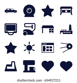 Contemporary icons set. set of 16 contemporary filled icons such as sun, vacuum cleaner, office desk, star, display, heart, factory, coffee machine, web camera, car