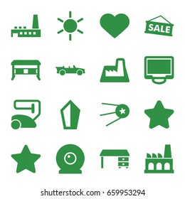 Contemporary icons set. set of 16 contemporary filled icons such as sun, star, vacuum cleaner, office desk, display, heart, cabriolet, factory, web camera, sale