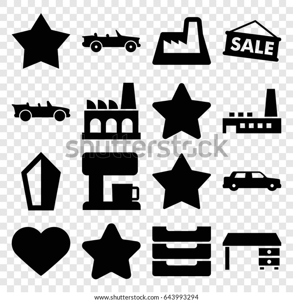Contemporary icons set. set of 16 contemporary\
filled icons such as star, office desk, heart, table box,\
cabriolet, factory, coffee machine, car,\
sale