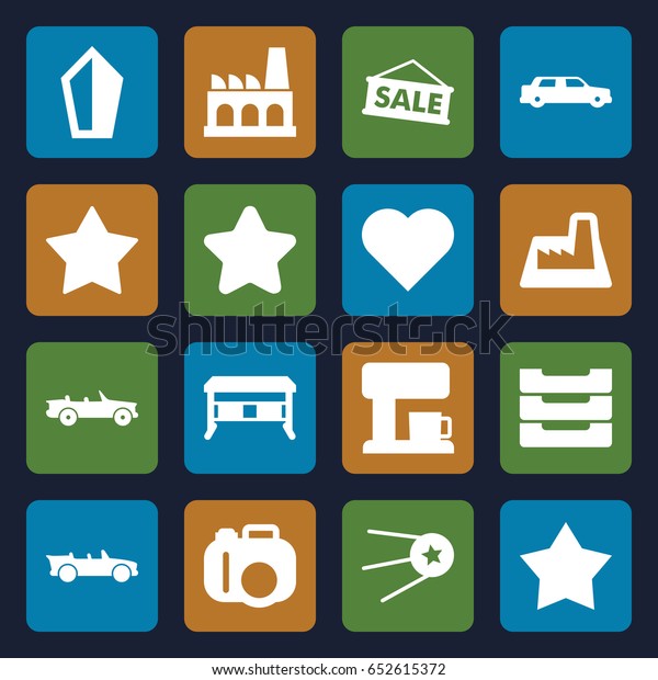Contemporary icons set. set of 16\
contemporary filled icons such as star, table box, cabriolet,\
factory, coffee machine, car, sale, sword, office desk,\
camera