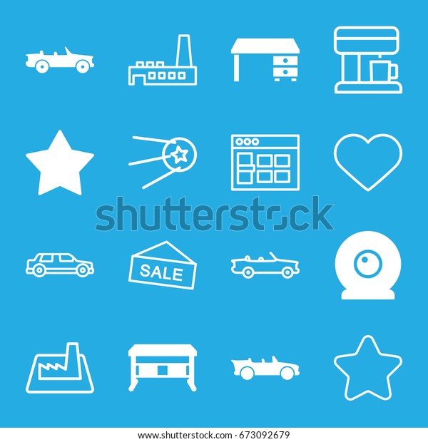 Contemporary icons set. set of 16\
contemporary filled and outline icons such as office desk, star,\
web camera, car, heart, factory, coffee machine, browser\
window
