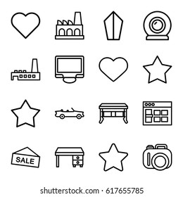 Contemporary icons set. set of 16 contemporary outline icons such as office desk, display, heart, star, factory, web camera, car, browser window, camera, sword