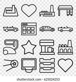 Contemporary icons set. set of 16 contemporary outline icons such as vacuum cleaner, office desk, display, heart, table box, cabriolet, factory, coffee machine, car
