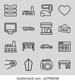 Contemporary icons set. set of 16 contemporary outline icons such as vacuum cleaner, office desk, display, heart, table box, cabriolet, factory, coffee machine, browser window